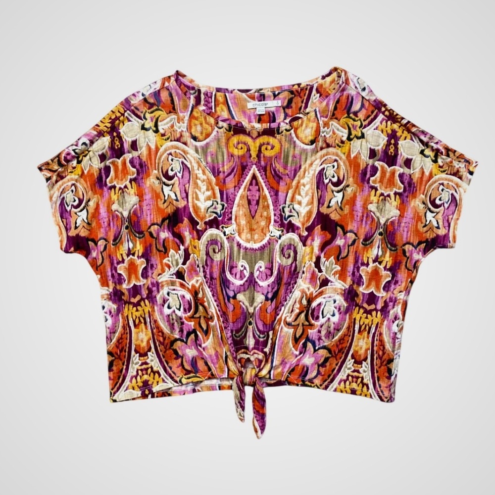 Chico's Linen Paisley Ikat Tie Front Top Womens 0‎ Purple Orange Excellent Boho